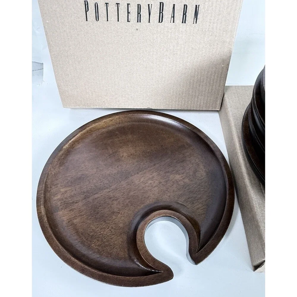 Pottery Barn Mingling Plates Espresso Wood Set of 6 Wine Glass Holder Party